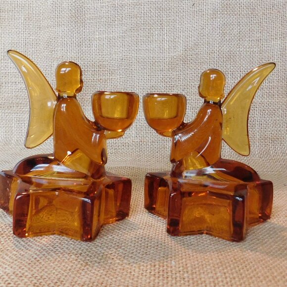 VTG L E Smith Amberina Gold Amber Angel Candle Holder Set Lot of 2 - Picture 1 of 8